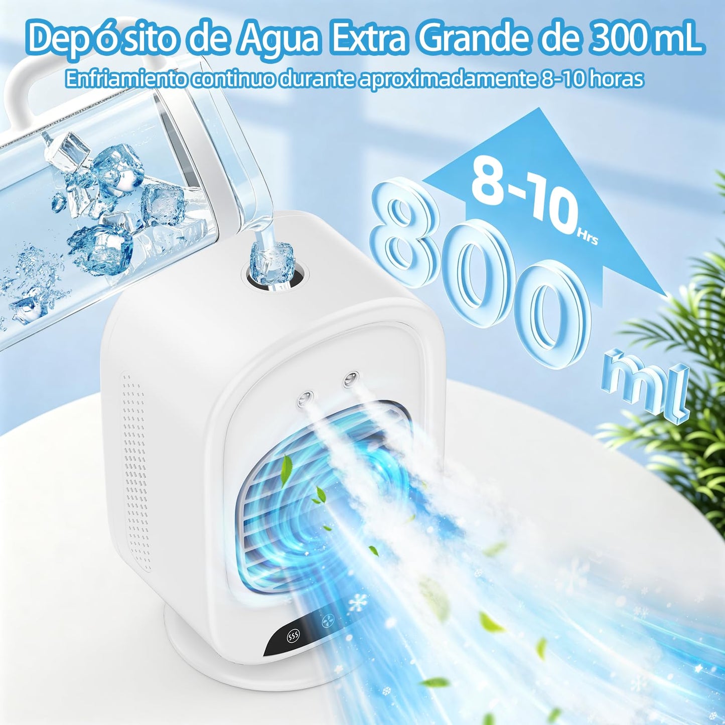 Aire Acondicionado Portatil, Mini Enfriador de Aire Portátil, 4 en 1 USB Recargable con Tanque 300 mL, 3 Velocidades, Adecuado para Dormitorio, Oficina, Camping (Blanco)