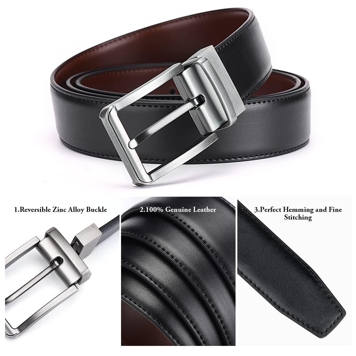 AivaToba Cinturón Hombre Cuero,Cinturón Reversible Hombre Negro y Marrón 34mm,adecuado para trajes, vaqueros, ocasiones informales y De negocios