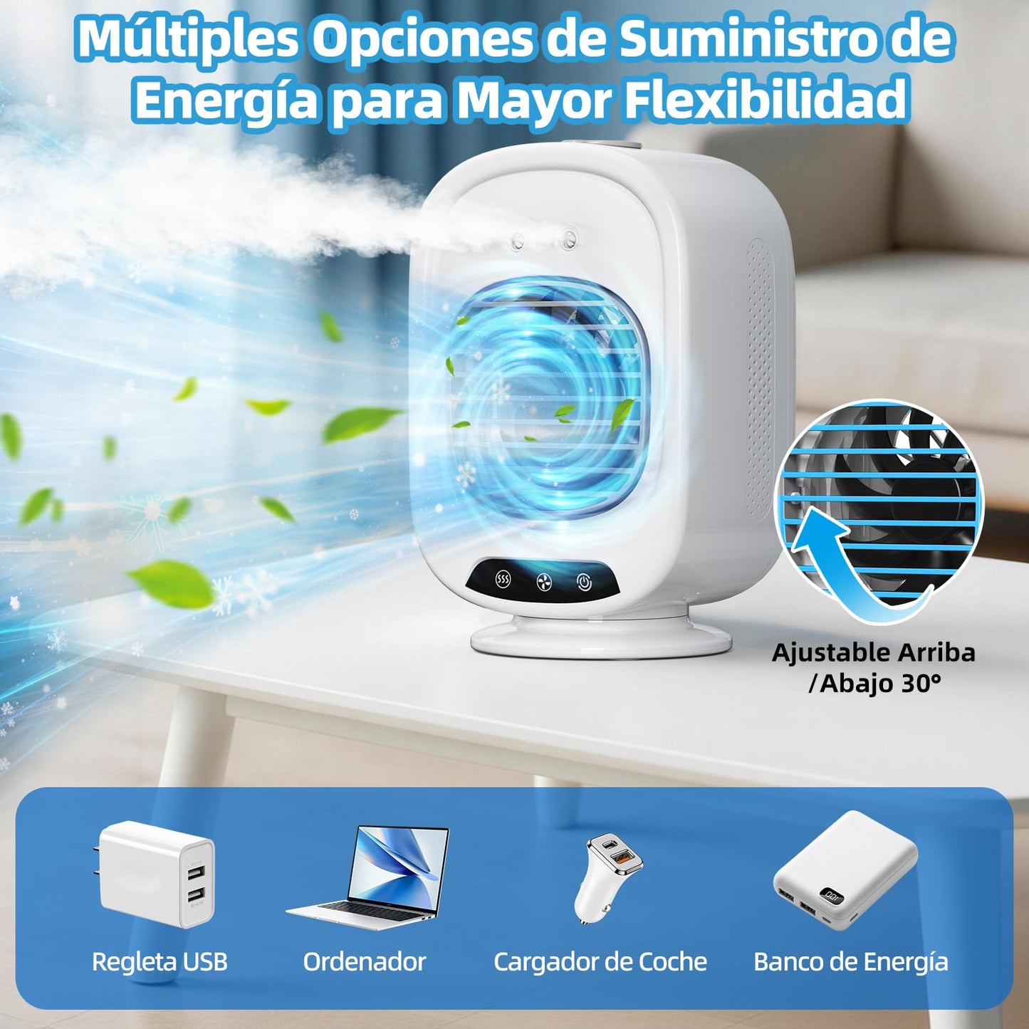 Aire Acondicionado Portatil, Mini Enfriador de Aire Portátil, 4 en 1 USB Recargable con Tanque 300 mL, 3 Velocidades, Adecuado para Dormitorio, Oficina, Camping (Blanco)