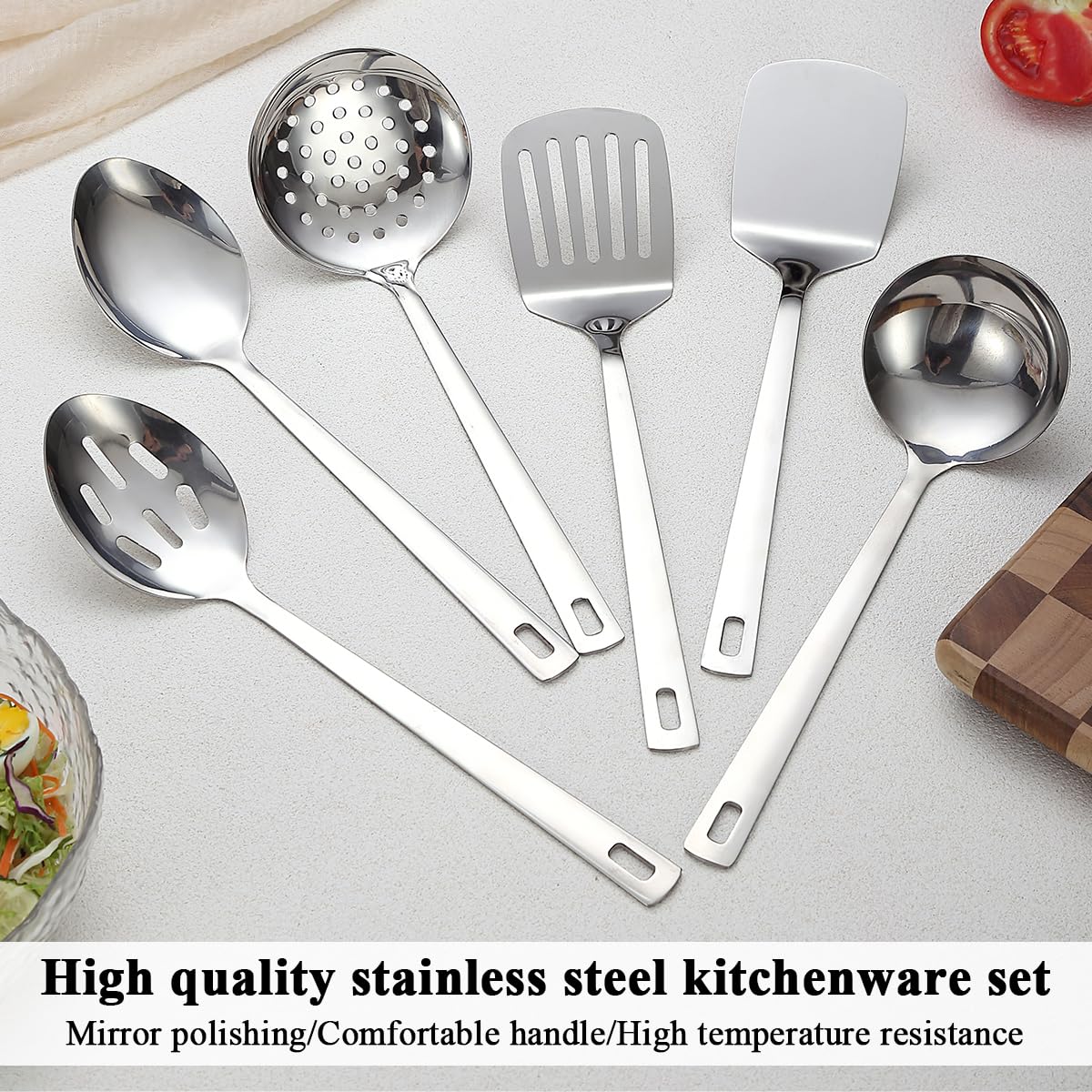 Evanda Juego de utensilios de cocina 6 piezas, acero inoxidable juego de espátulas para herramientas de cocina de alta resistencia, accesorios de cocina esenciales para el hogar