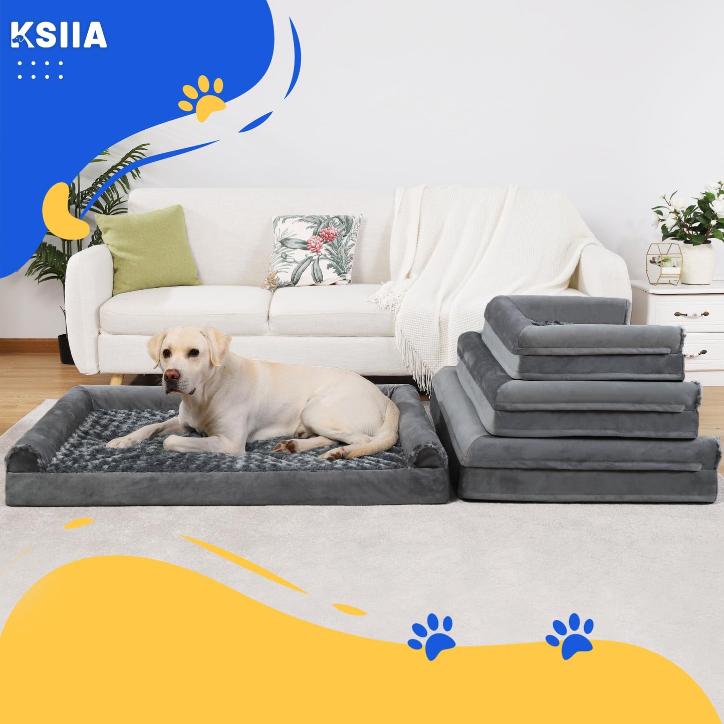 KSIIA Cama Perro Grande, Cama Ortopédica para Perros (90x57x16cm) Desenfundable y Lavable, Sofá para Perros, Gris, L