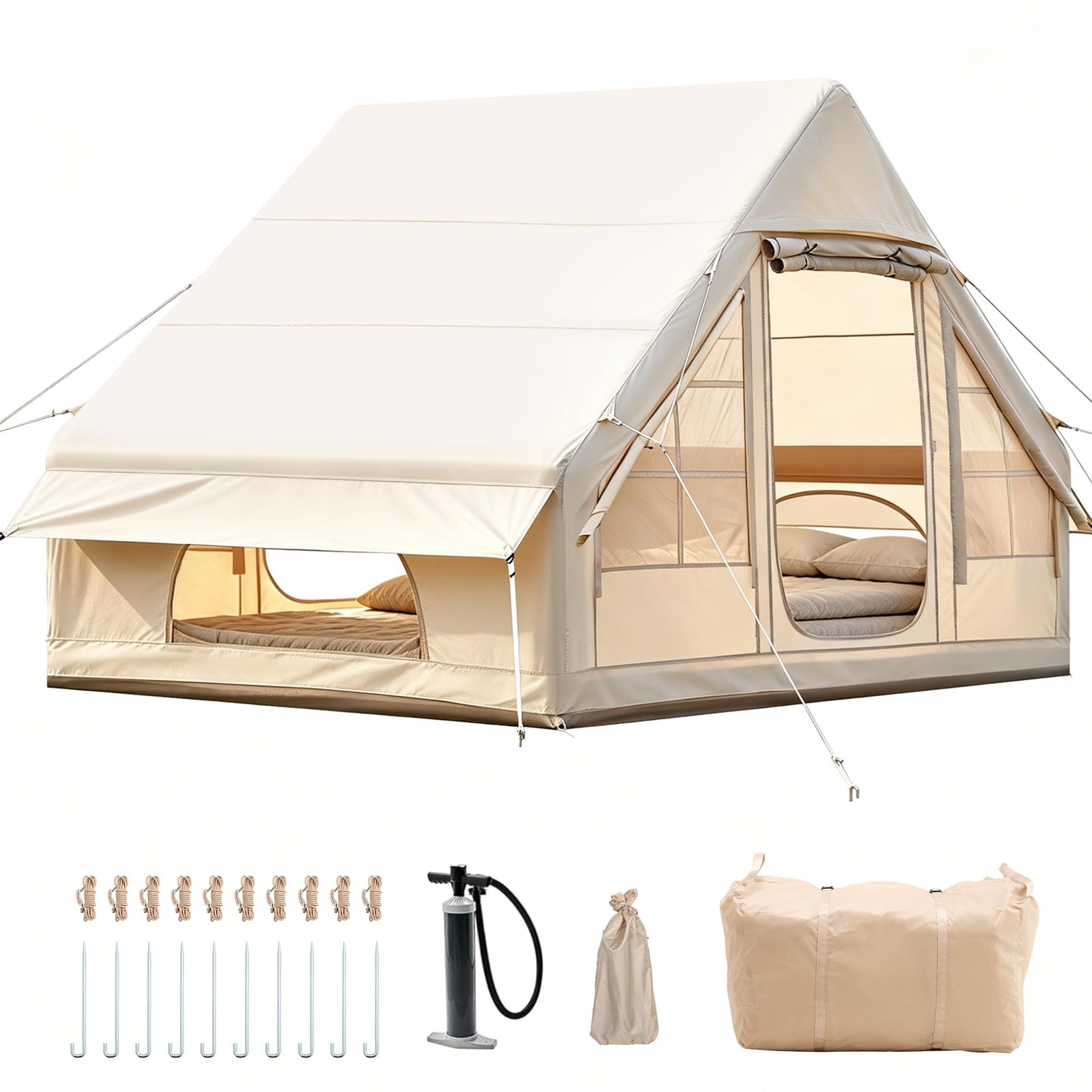 Tienda de campaña Inflable con Apertura de Chimenea y tragaluz, Tienda de campaña para 2-8 Personas con Bomba de Aire, Tienda Inflable de Tela Oxford Impermeable para 4 Estaciones, Montaje rápido