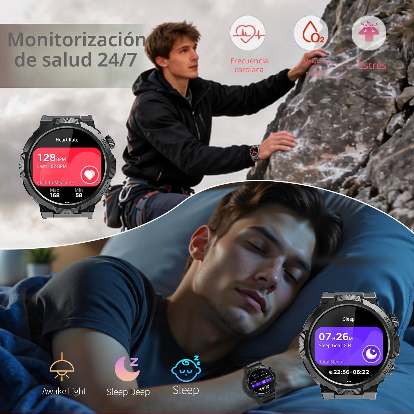 Reloj Inteligente Hombre con Linterna, 1.53'' Militar Smartwatch con Batería de 1000mAh, IP68 Reloj Deportivo con Llamadas Bluetooth/Monitor de Sueño/Pulsómetro, 100+Modos Deportivos para Android iOS