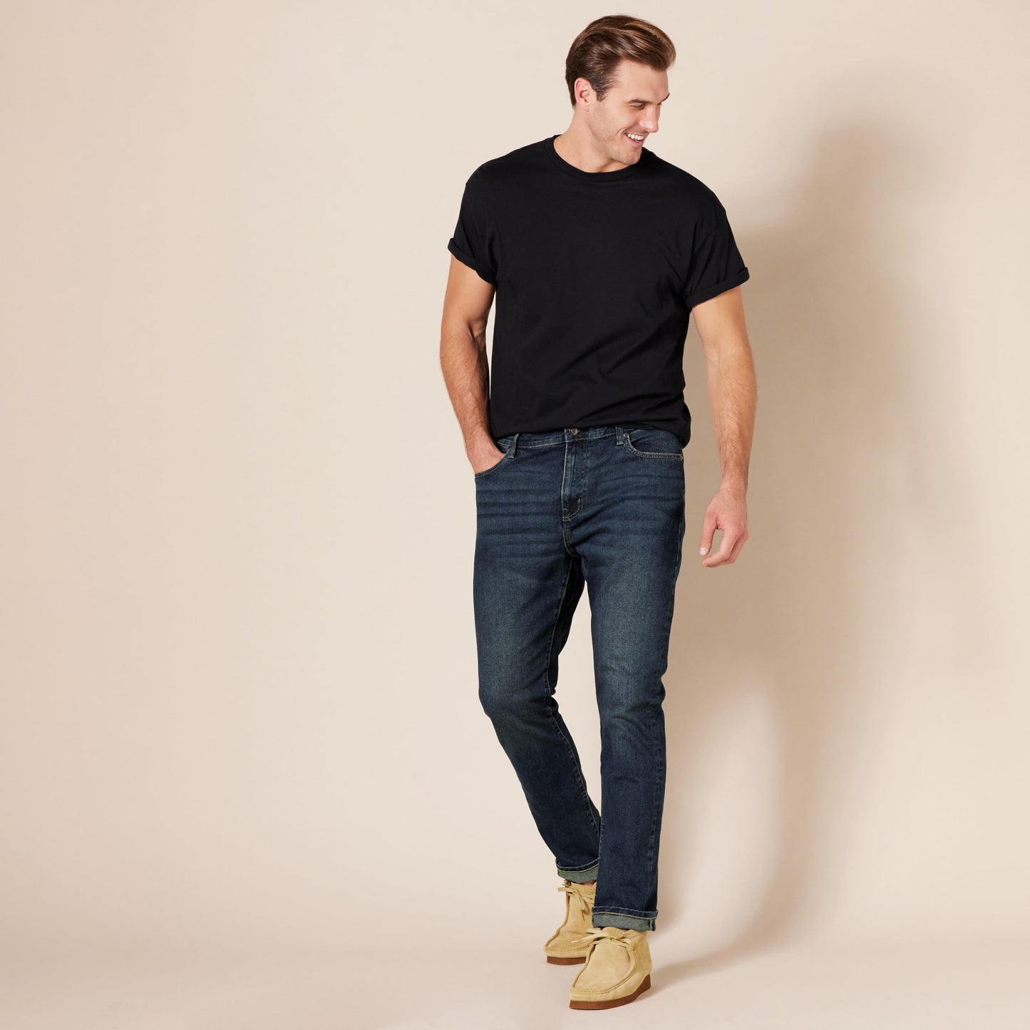 Amazon Essentials Pantalón Vaquero Elástico de Ajuste Ceñido - colores interrumpidos Hombre, Lavado Oscuro, 34W / 32L