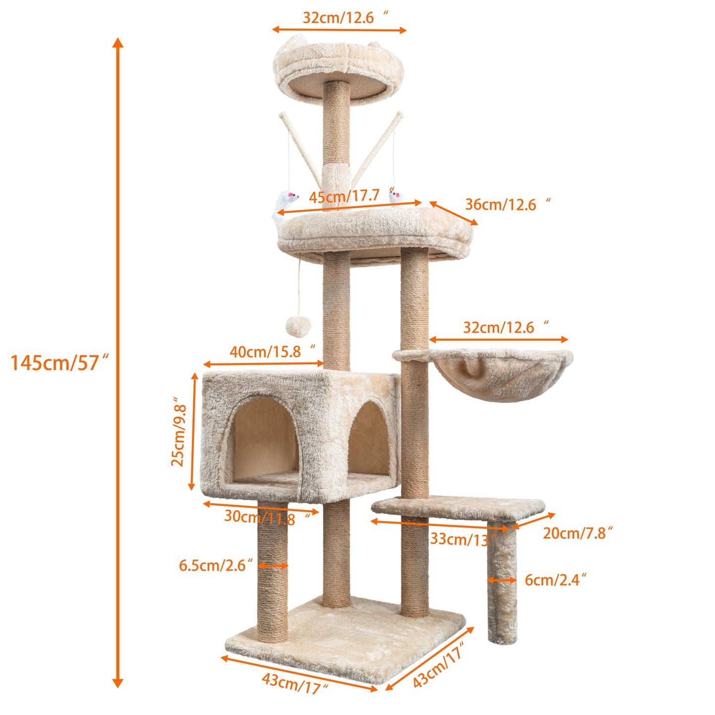 HOMIDEC Árbol Rascador para Gatos, 145cm, Torre de Escalada Estable con Varios Niveles, Actividades para Gatos con 7 Postes de sisal, 5 Plataformas, 2 nidos