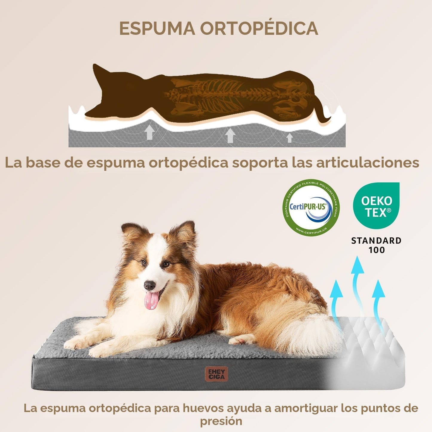 EHEYCIGA Cama Perros Grande Ortopédica, 89x58x9cm Colchon Perro con Espuma De Caja De Huevos, Colchoneta Perro Lavable, Dog Bed, Gris
