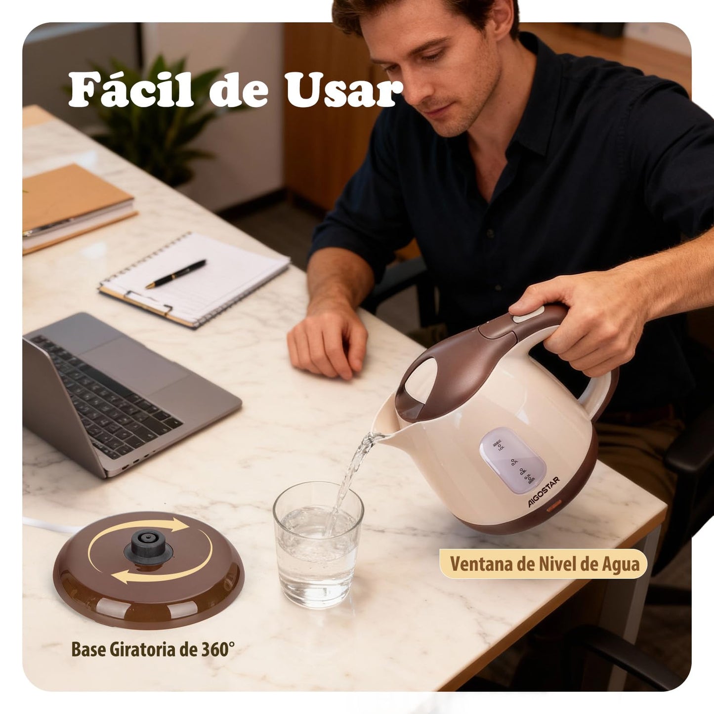 Aigostar Hervidor Agua Electrico Pequeño, Portatil & Compacto, Marrón