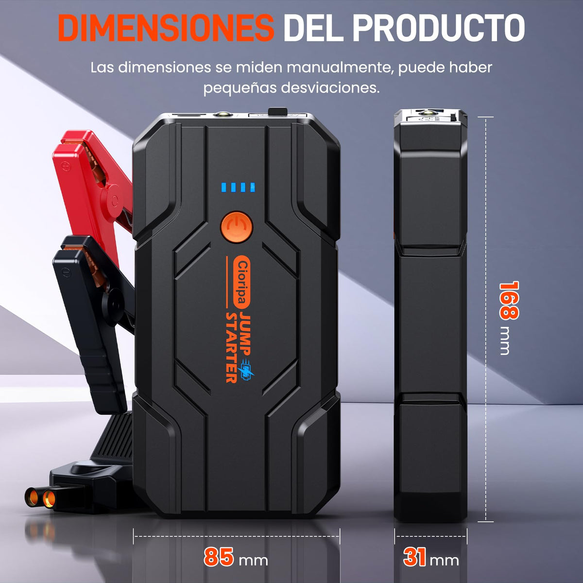 Cioripa Arrancador de Baterias de Coche 𝟏𝟒.𝟖𝐕- 𝟏𝟎𝟎𝟎𝟎𝐀 Jump Starter para Motor 9.0L Gas o 8.5L Diesel, Power Bank Portátil con Carga Rápida QC3.0, Linterna LED y Pinzas Inteligentes