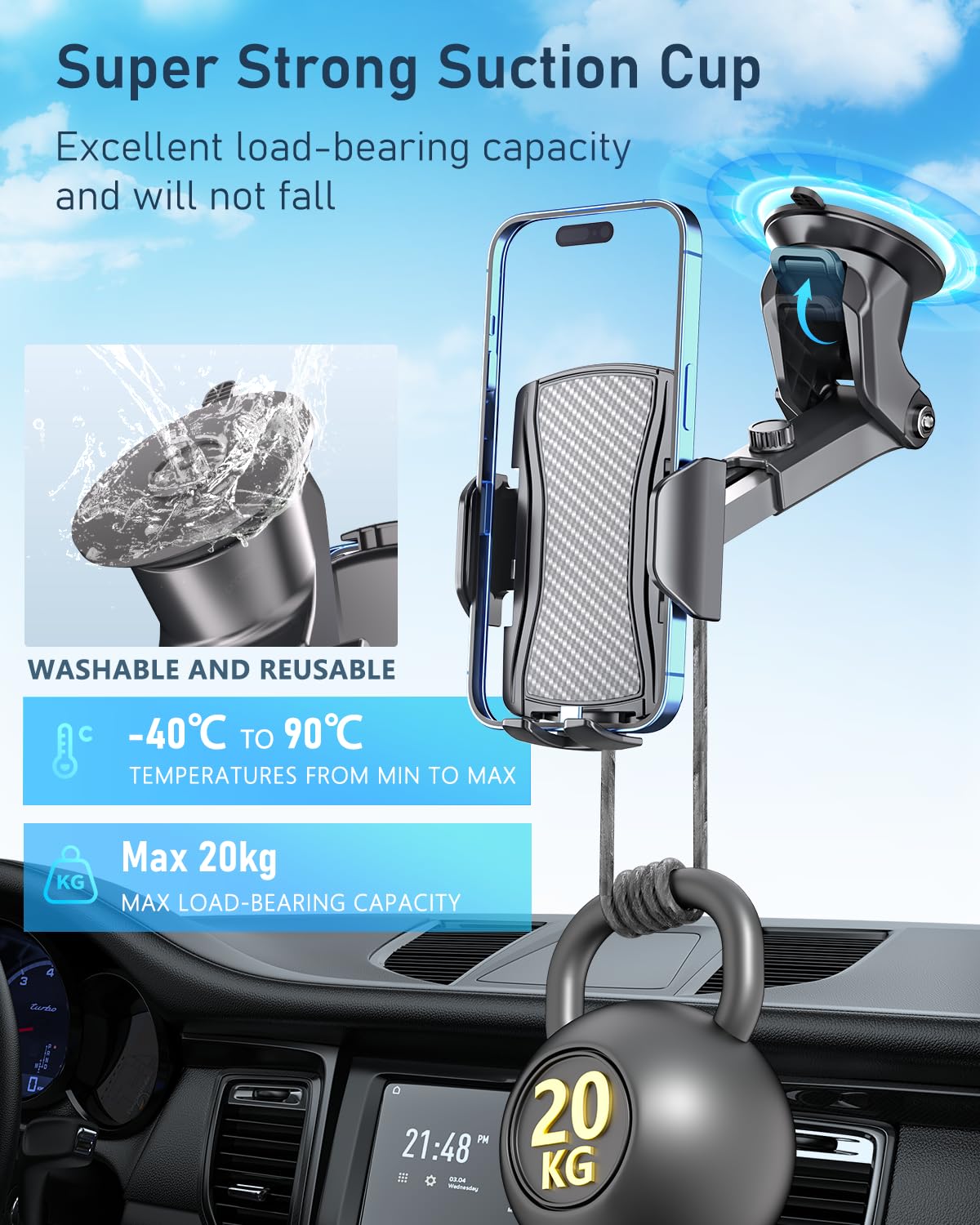Hoppac Soporte Móvil Coche, Potente Ventosa Suporte Telemovel Carro Salpicadero & Parabrisas, Rotación de 360 Grados y Liberación de un Botón, Sujeta Porta para Teléfono 4-7 in