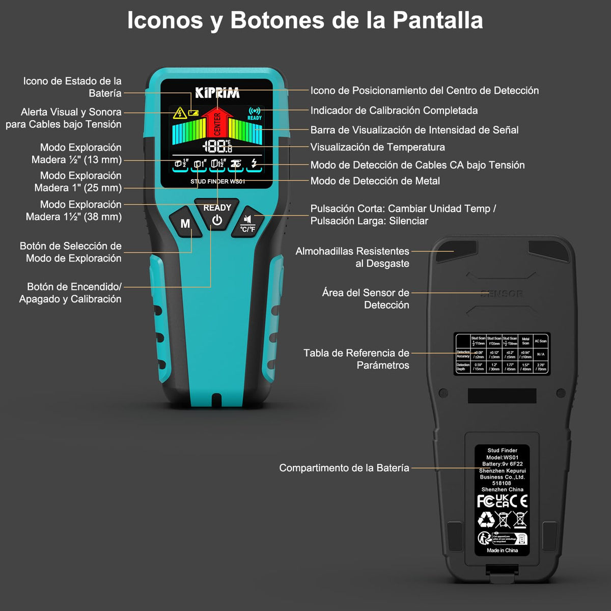 KIPRIM Detector De Pared 5 En 1, Metales Vigas Madera Y Cables AC IP54 LCD