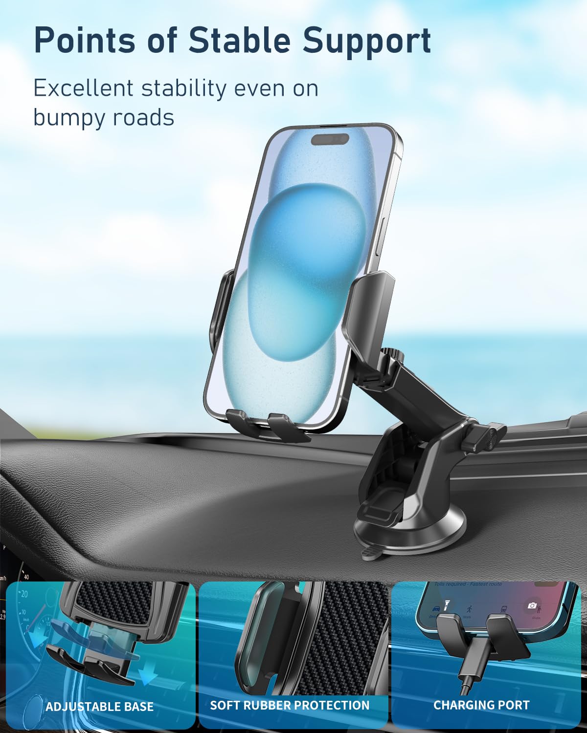 Hoppac Soporte Móvil Coche, Potente Ventosa Suporte Telemovel Carro Salpicadero & Parabrisas, Rotación de 360 Grados y Liberación de un Botón, Sujeta Porta para Teléfono 4-7 in