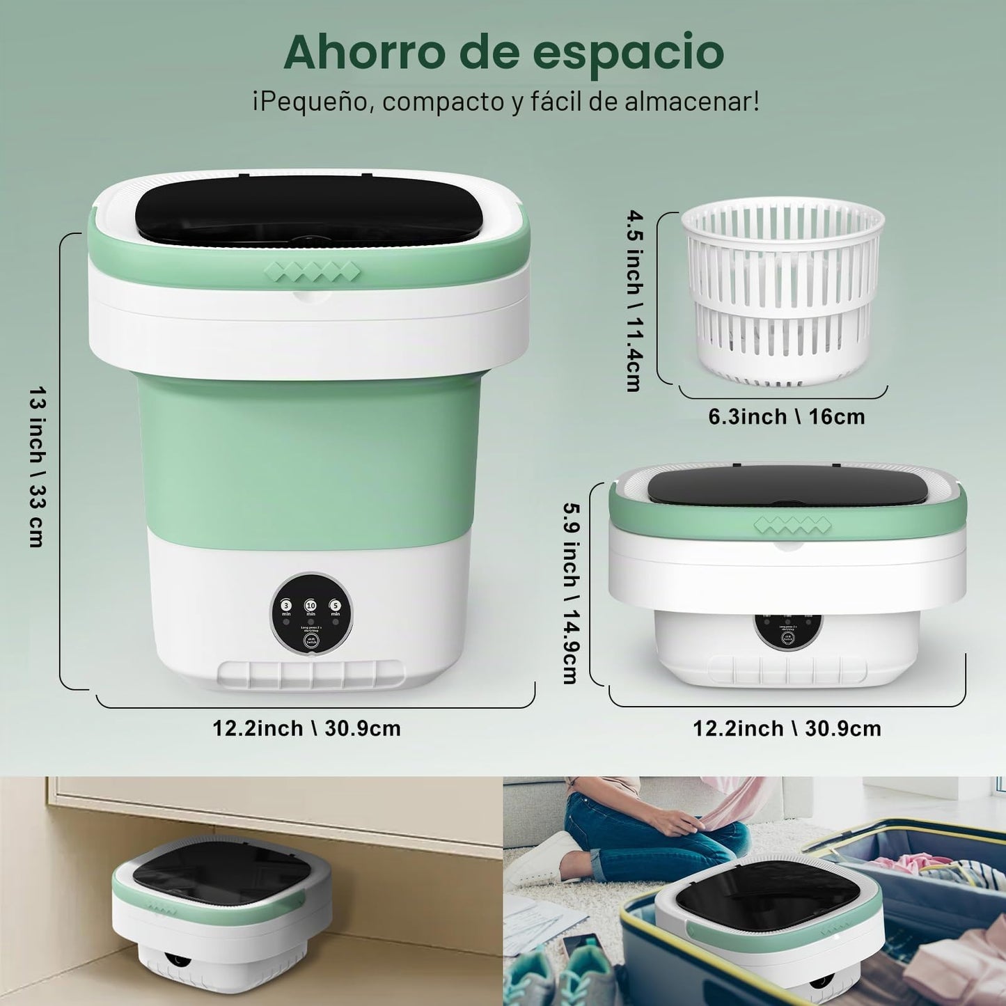 Lavadora Portatil,12L Mini Lavadora|Lavadora Pequeña,Actualizado Lavadora Portatil con Centrifugado & 3 Modos de Limpieza Profunda,Washing Machine Plegable para Apartamentos, Dormitorios (Verde)