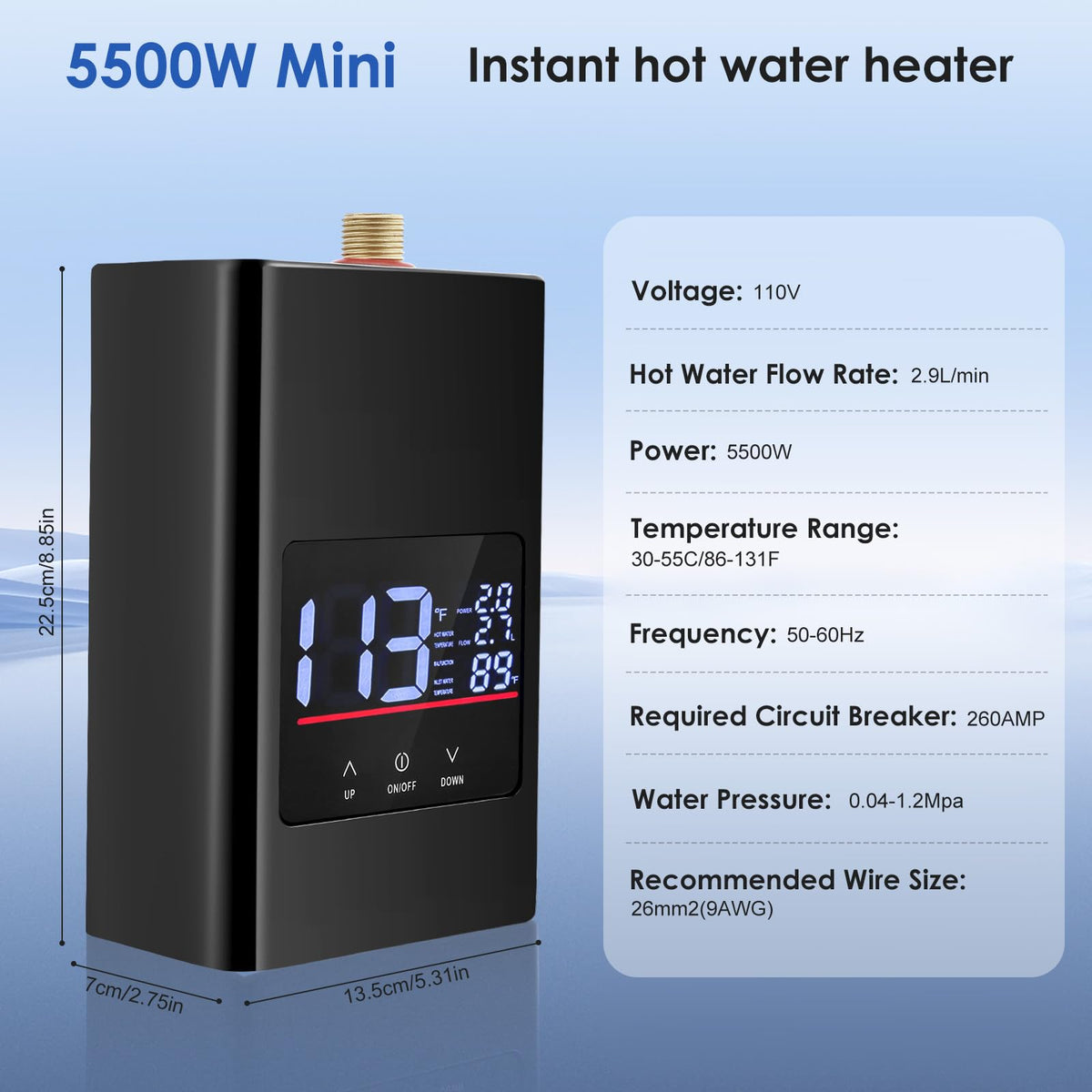 Eirolace Mini Calentador de Agua Eléctrico Instantáneo 6000W 220V, Calentador de Agua Instantáneo con Indicador de Temperatura y Mando a Distancia, Calentador de Agua IPX4 para Cocina, Ducha, Baño