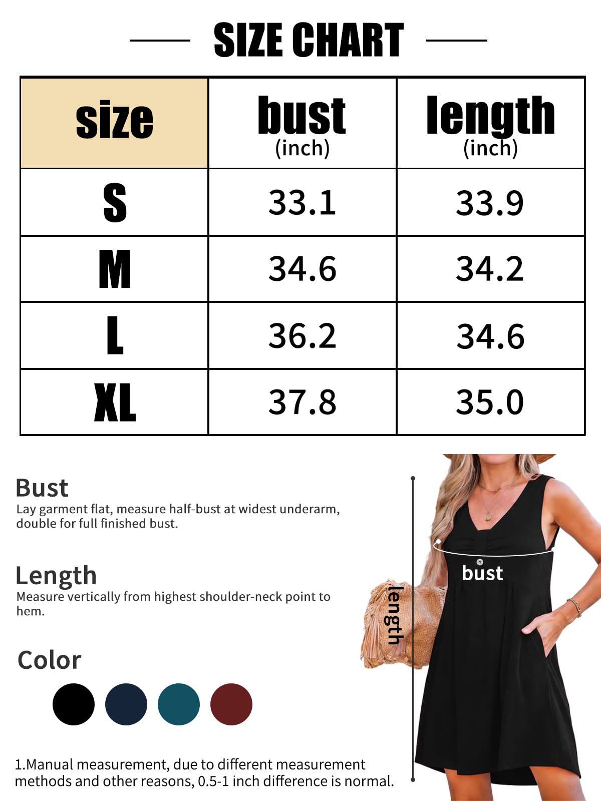 NLAND Vestido de Verano para Mujer sin Mangas con Cuello en V de Línea A Vestidos Casual con Botones y Bolsillo，Negro，L
