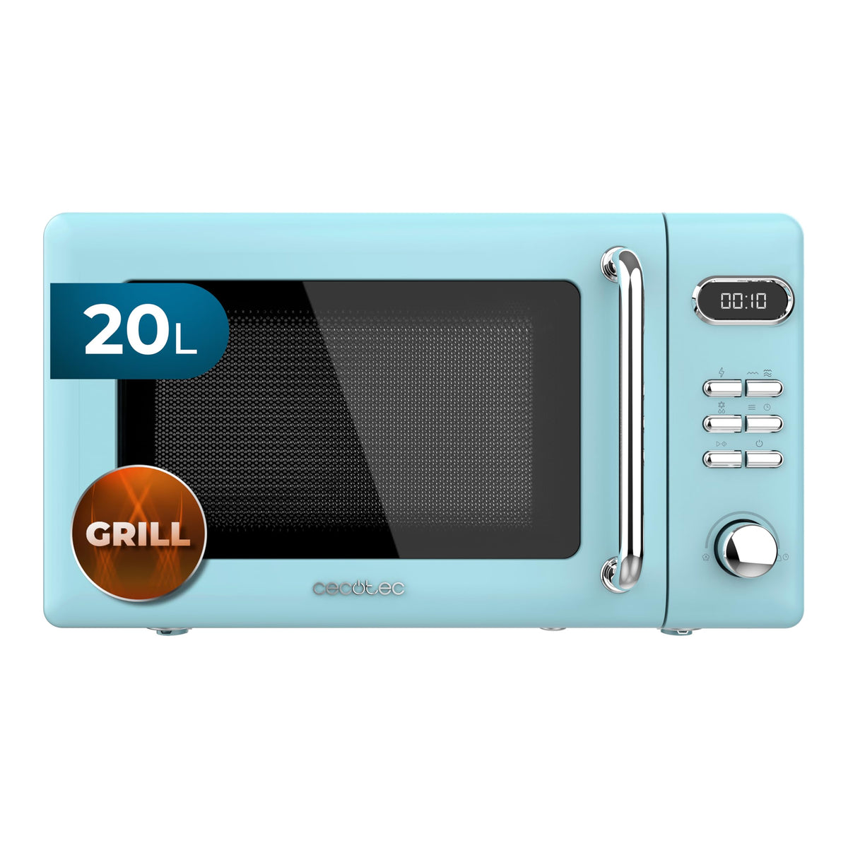 Cecotec Microondas Digital con Grill de 20 L Proclean 5110 Retro Blue. 700 W en 5 Niveles, Temporizador hasta 60 mins, 8 Programas y Modo Descongelación, Diseño Vintage en Azul