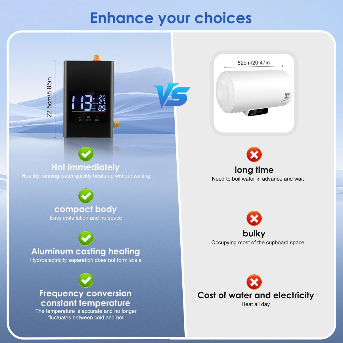 Eirolace Mini Calentador de Agua Eléctrico Instantáneo 6000W 220V, Calentador de Agua Instantáneo con Indicador de Temperatura y Mando a Distancia, Calentador de Agua IPX4 para Cocina, Ducha, Baño