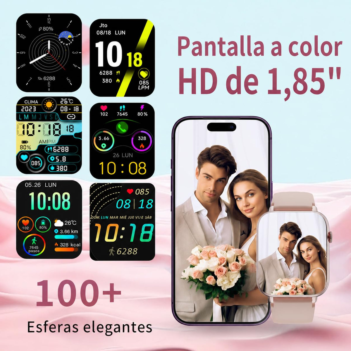 Reloj Inteligente Mujer, 1,91" HD, 100+ esferas, Llamadas Bluetooth, IP68