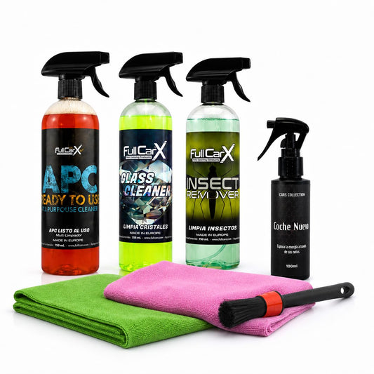 AutoFullCar Kit Limpieza Coche Interior y Exterior 750ml, Productos FullCarX con APC Multiusos, Cristales Antivaho, Eliminador Insectos, Ambientador Aroma Nuevo y Accesorios