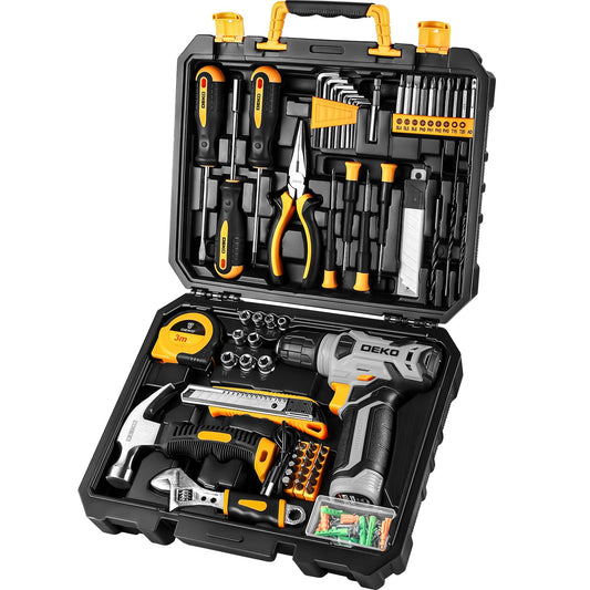 DEKO Caja Herramientas Completa con Destornillador Electrico/Taladro con bateria de 8V, Maletin de 126 Piezas, Caja profesional de herramientas Domésticas de Bricolaje para Oficinas y Jardín, Gris