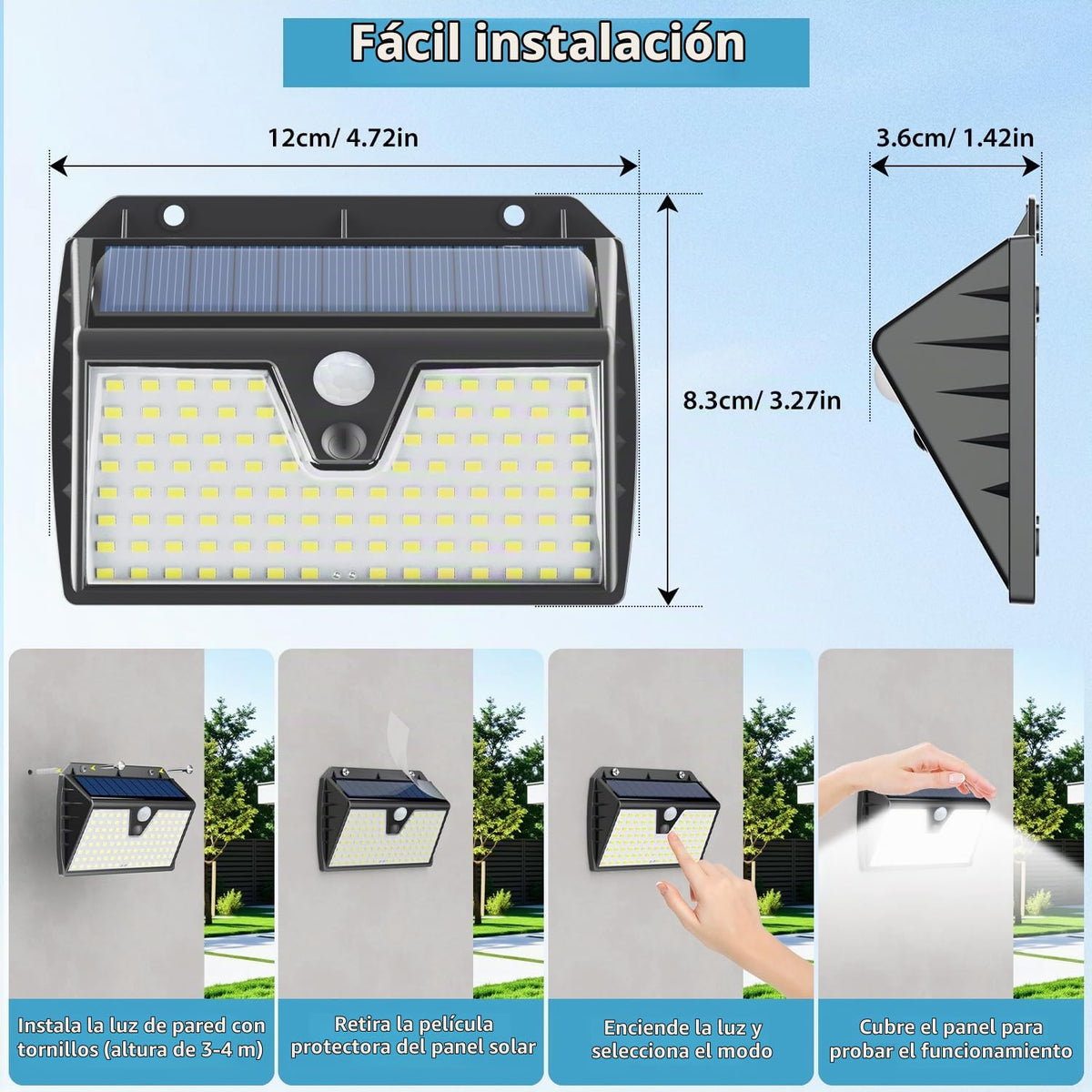 Luz Solar Exterior con Sensor de Movimiento, 4 Paquete/3 Modos IP65