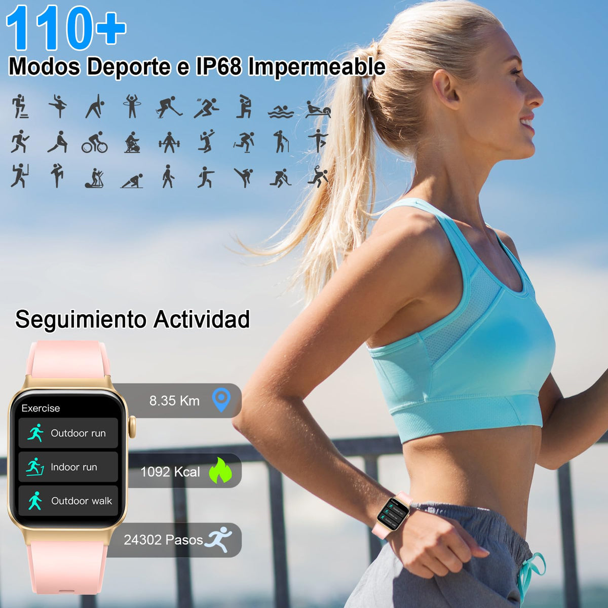 Reloj Inteligente Mujer, 1,85" HD, Llamadas Bluetooth, SpO2, IP68, Sueño