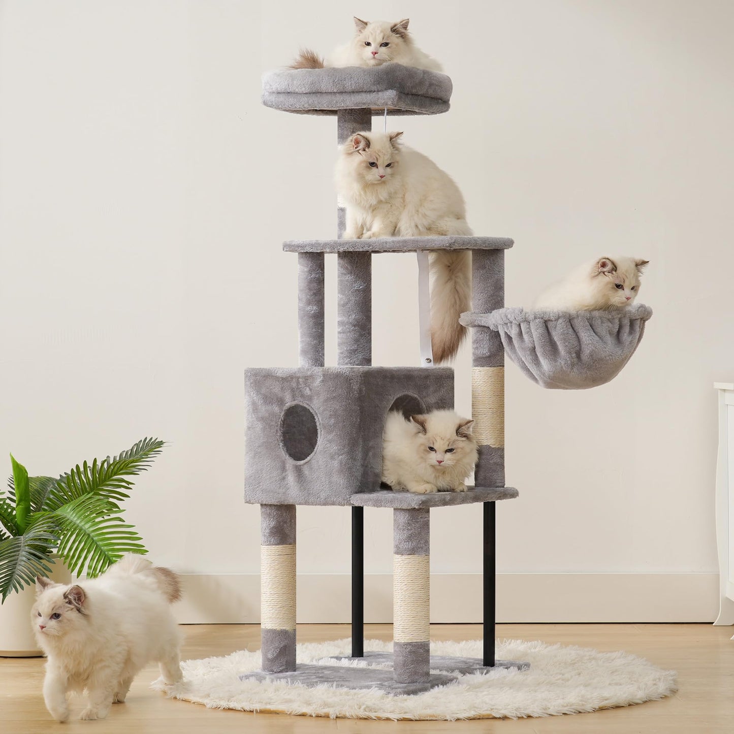 Heybly Rascador para Gatos, Árbol para Gatos De 125 Cm, Torre De Gato Espaciosa Y Cómoda con Guarida, Dos Grandes Plataformas, Cesta, Robustos Tubos De Acero, Gris Claro HCT200SW-