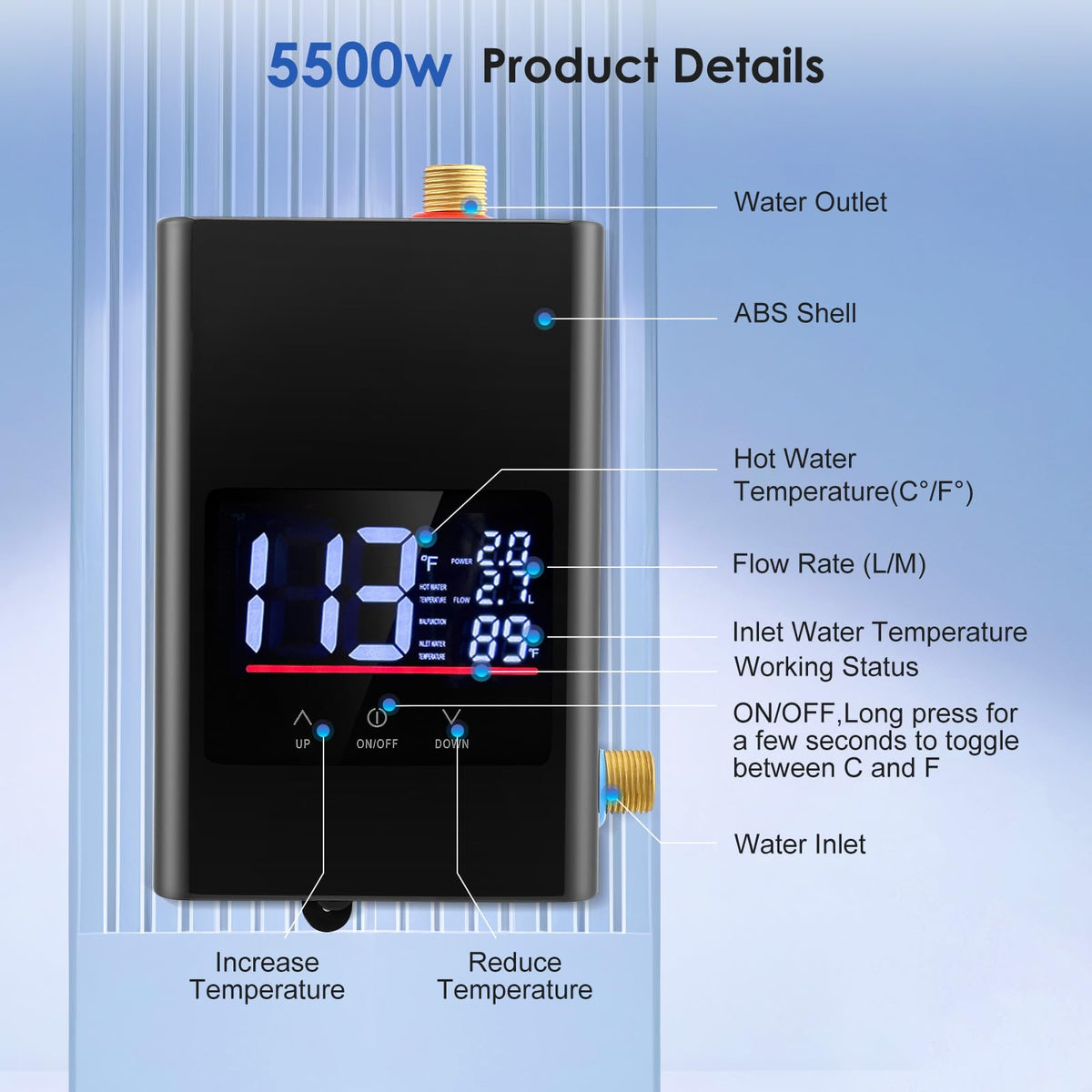 Eirolace Mini Calentador de Agua Eléctrico Instantáneo 6000W 220V, Calentador de Agua Instantáneo con Indicador de Temperatura y Mando a Distancia, Calentador de Agua IPX4 para Cocina, Ducha, Baño