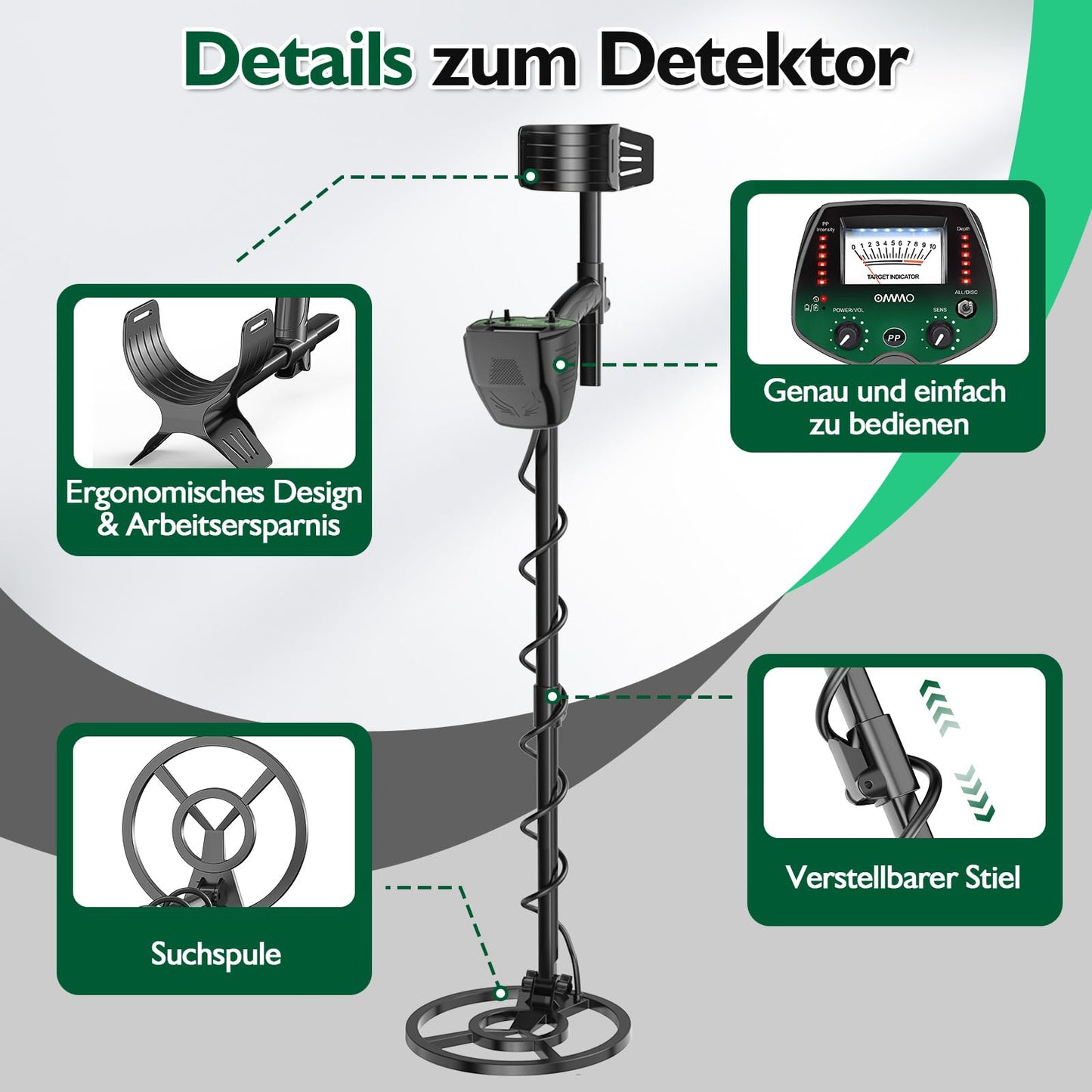 OMMO Detector de Metales Profesional para Adultos y Niños, Verde
