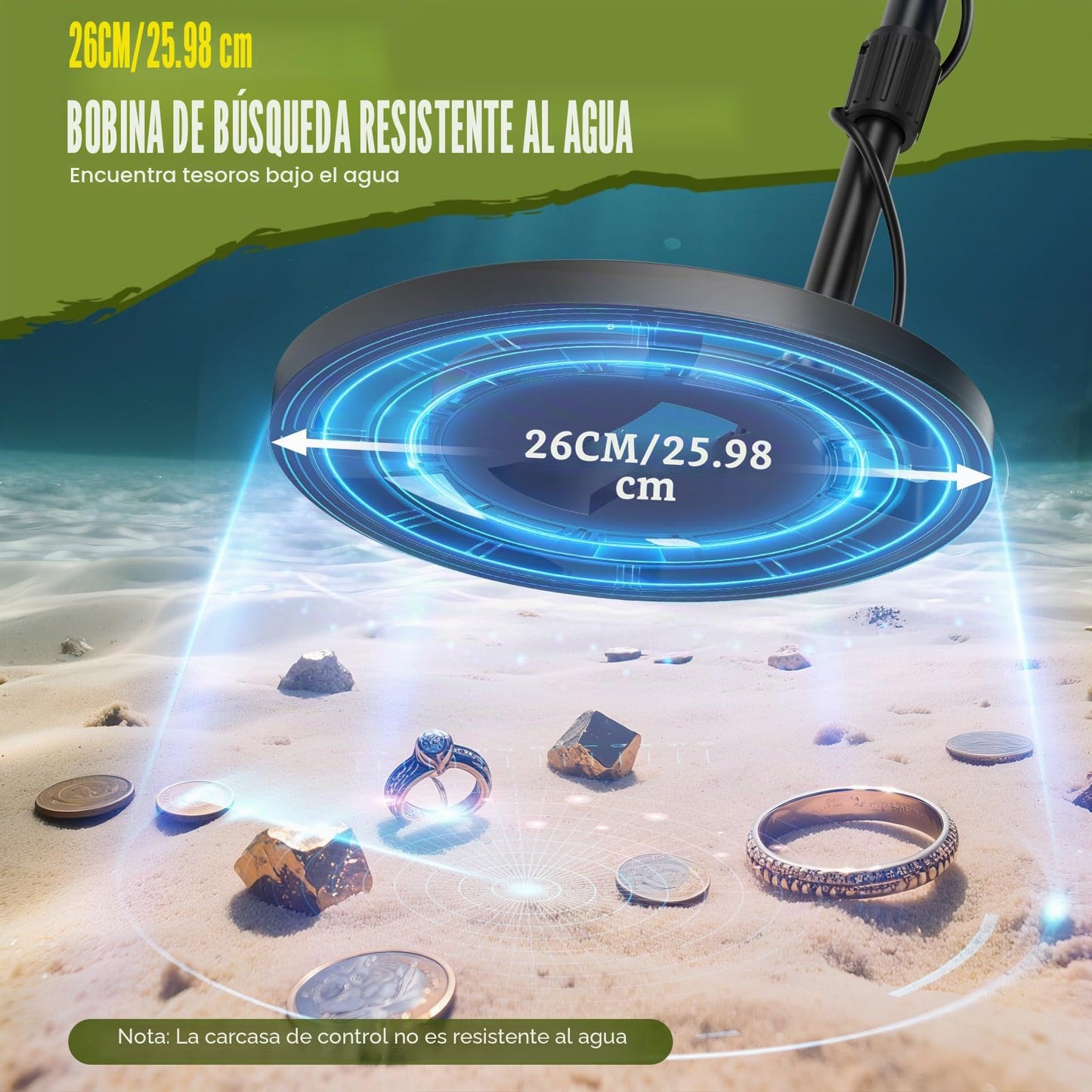 HIUYRFS Detector de Metales Profesional para Adultos y Niños, Longitud Ajustable (113-141 cm), Set de Detector de Metales con Bobina de Búsqueda Resistente al Agua IP68 (Verde)