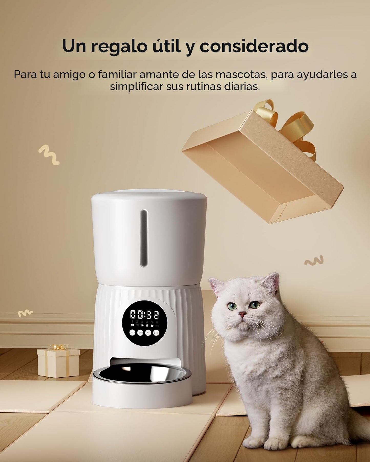Comedero Gato Automatico, Faroro 4L Dispensador Comida Gatos/Perros con 1 a 6 Comidas Al Día, Control de Porciones, Voz 10s, Alimentación Lenta (Blanco)