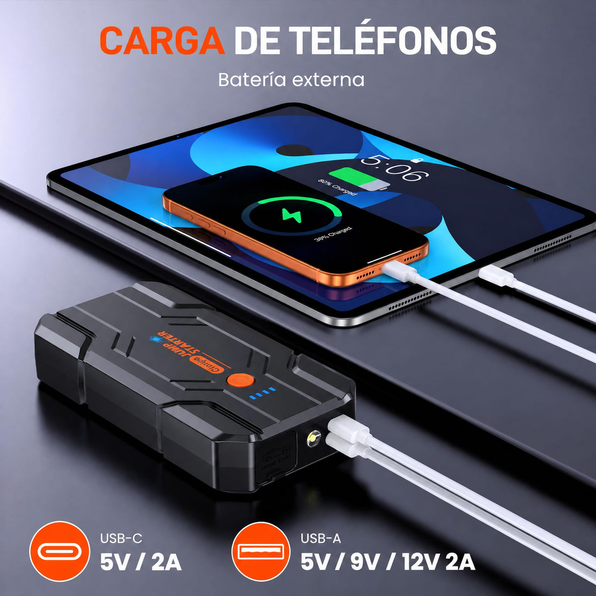 Cioripa Arrancador de Baterias de Coche 𝟏𝟒.𝟖𝐕- 𝟏𝟎𝟎𝟎𝟎𝐀 Jump Starter para Motor 9.0L Gas o 8.5L Diesel, Power Bank Portátil con Carga Rápida QC3.0, Linterna LED y Pinzas Inteligentes