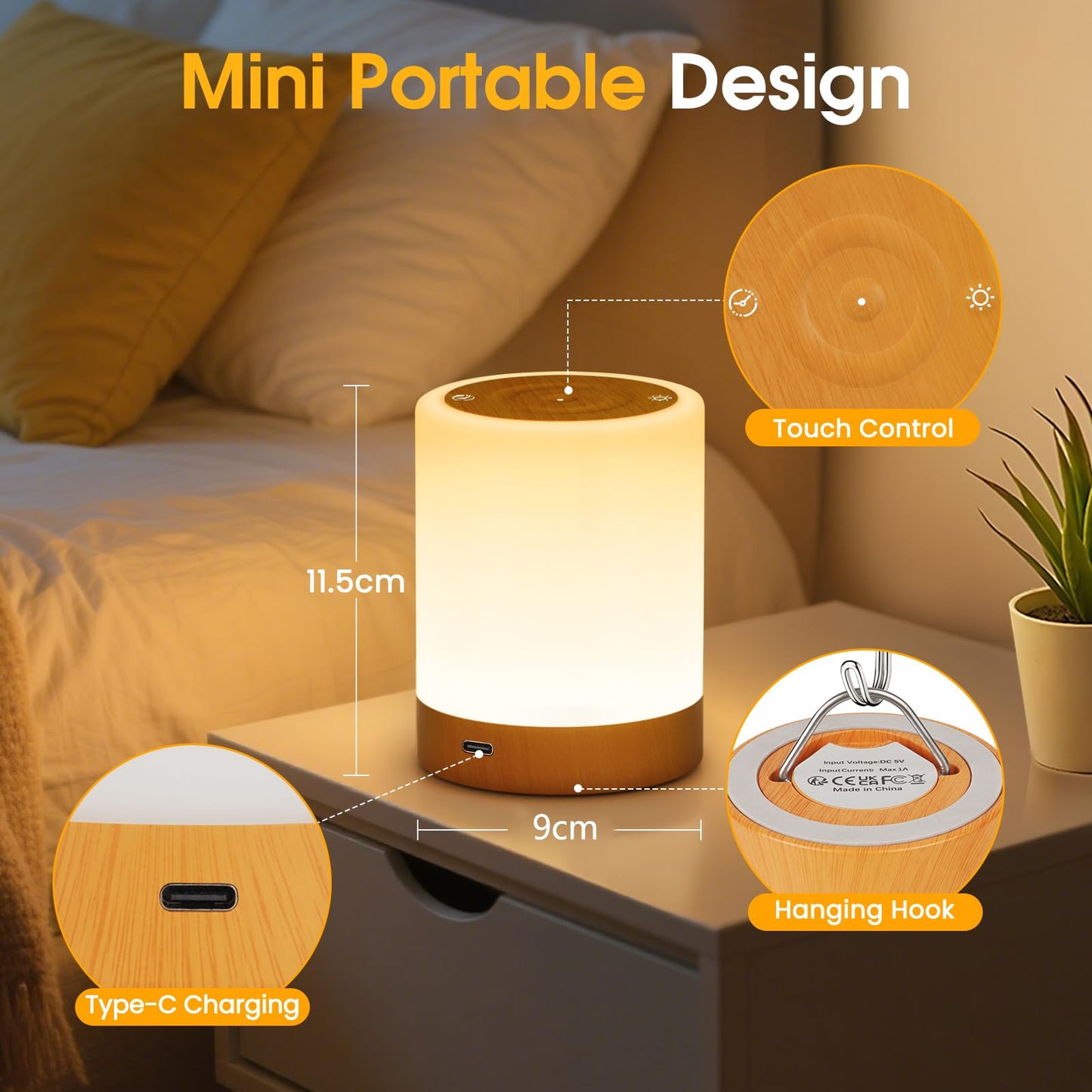 NIWOHOM Lamparas de Mesita de Noche, 256 RGB Color y 5 Modos,Recargable USB