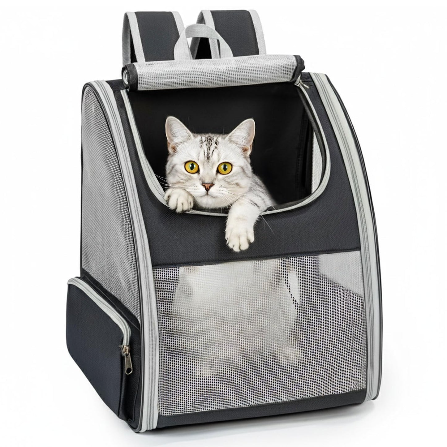 Conlun Mochila Gato y Transportin Perro pequeño para Perros pequeños y Gatos de hasta 7 kg, Mochila para Perros Ventanas de Malla en 3 Lados, para Viajes y Senderismo,Gris