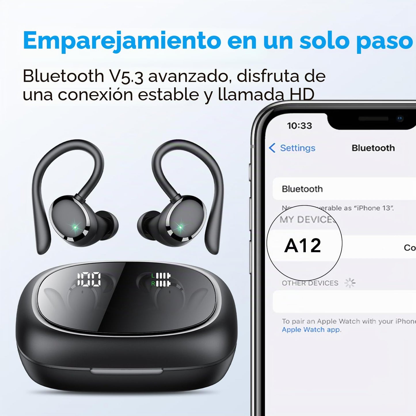 Auriculares Inalambricos Deportivos, Auriculares Bluetooth 5.3 con 4 HD Mic, 72H Cascos Inalambricos Bluetooth con Cancelacion Ruido ENC, Auriculares Inalambricos IPX7 Impermeable, USB-C, Pantalla LED