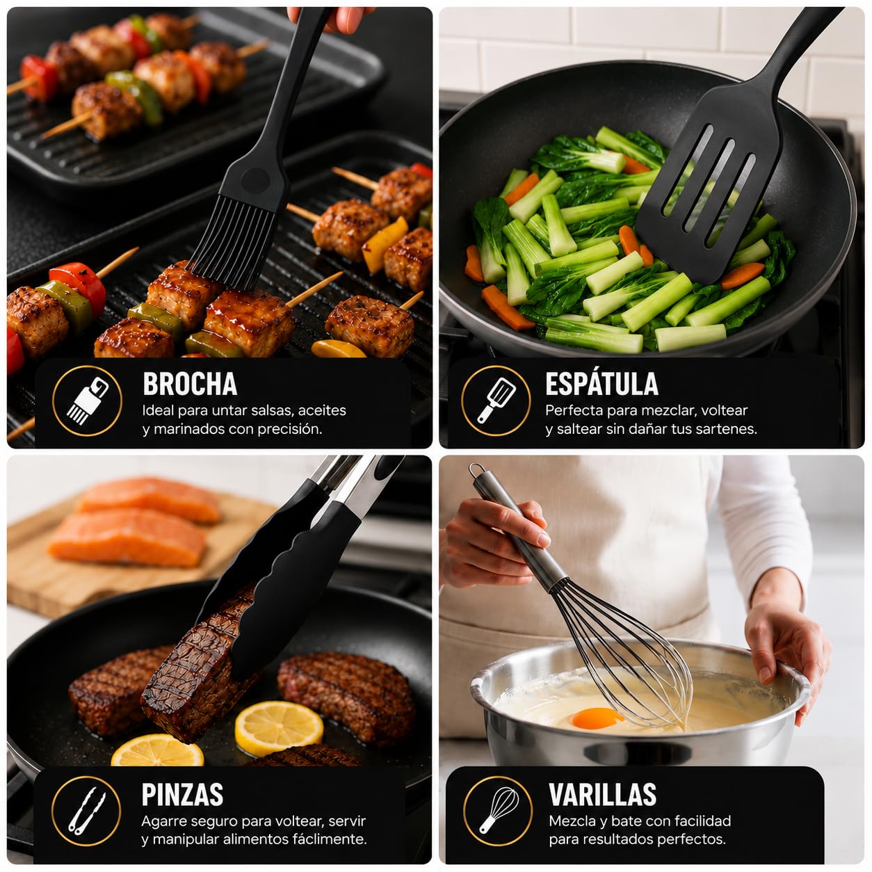 WOLFWAKE 13 Piezas Utensilios de Cocina de Silicona - Menaje de Cocina, Paletas de Cocina, Cucharones de Cocina, Pinzas de Cocina, Bote Utensilios Cocina, Resistentes al Calor y Antiadherente (Negro)