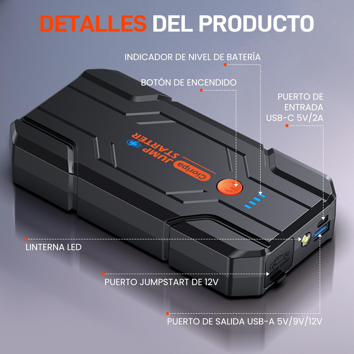 Cioripa Arrancador de Baterias de Coche 𝟏𝟒.𝟖𝐕- 𝟏𝟎𝟎𝟎𝟎𝐀 Jump Starter para Motor 9.0L Gas o 8.5L Diesel, Power Bank Portátil con Carga Rápida QC3.0, Linterna LED y Pinzas Inteligentes