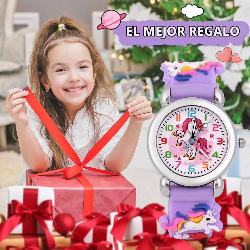 OFFCUP Reloj Analógico de Pulsera para Niños, Relojes de Cuarzo con Dibujos 3D para Niños 3-11 Años (Unicornio Morado)