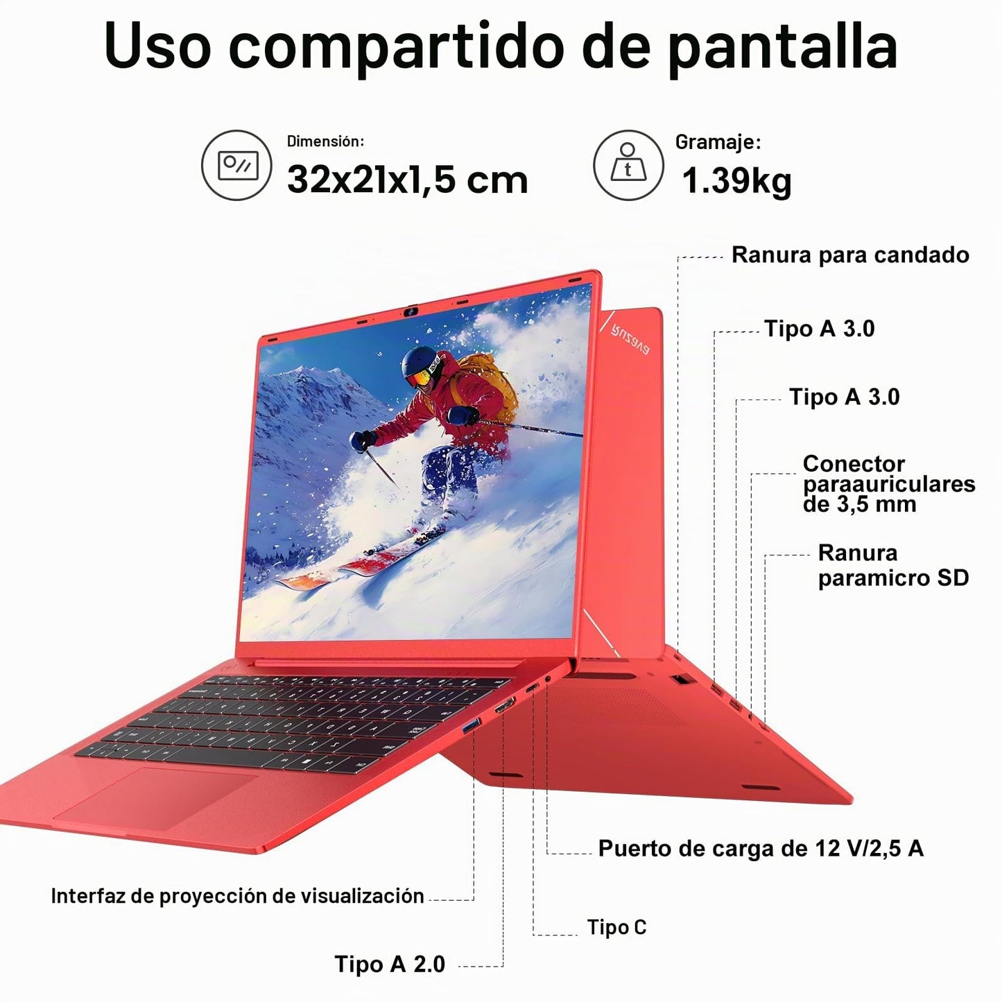 Ordenador Portátil 14 Pulgadas Celeron N5095 Upto 2,9 GHz Portatiles 8GB RAM 256GB SSD TF 1TB LPDDR4 Win11 5G WiFi 1920*1080 FHD mini HDMl Laptop Película Protectora Español - Rojo Cuerpo Metálico59
