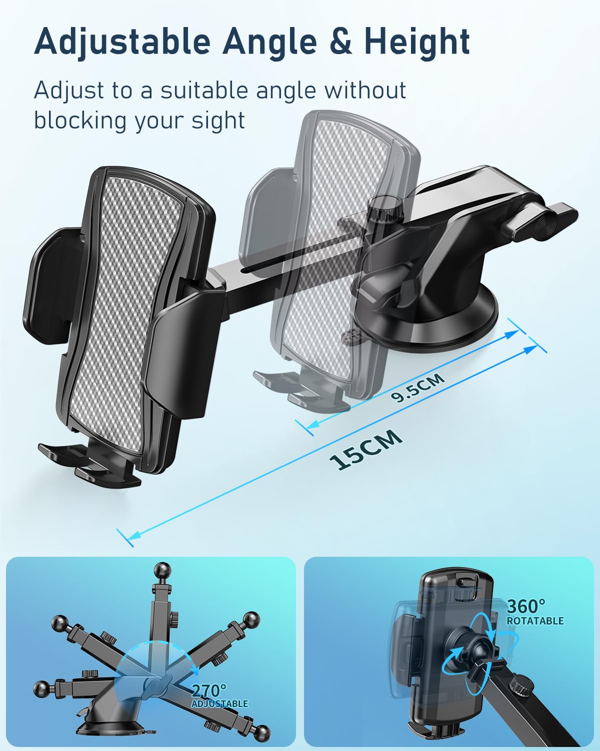 Hoppac Soporte Móvil Coche, Potente Ventosa Suporte Telemovel Carro Salpicadero & Parabrisas, Rotación de 360 Grados y Liberación de un Botón, Sujeta Porta para Teléfono 4-7 in