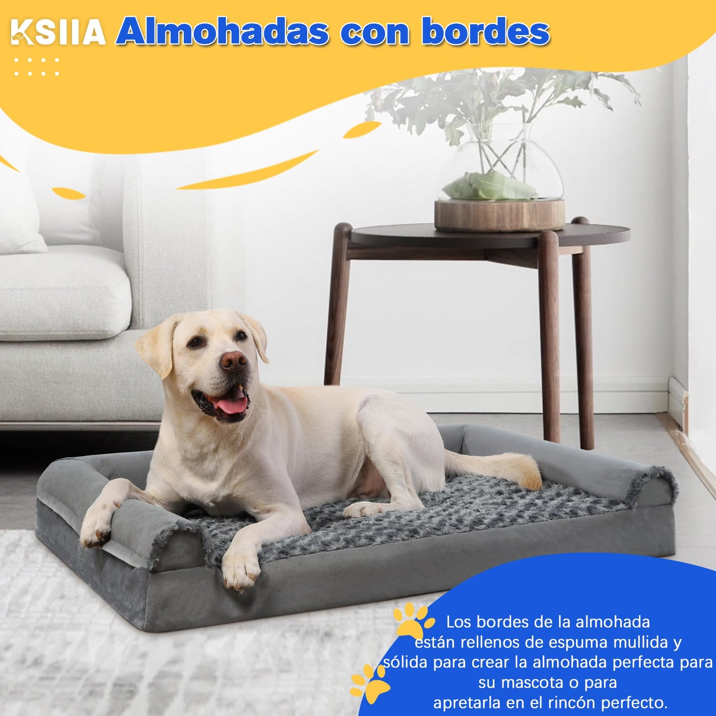 KSIIA Cama Perro Grande, Cama Ortopédica para Perros (90x57x16cm) Desenfundable y Lavable, Sofá para Perros, Gris, L
