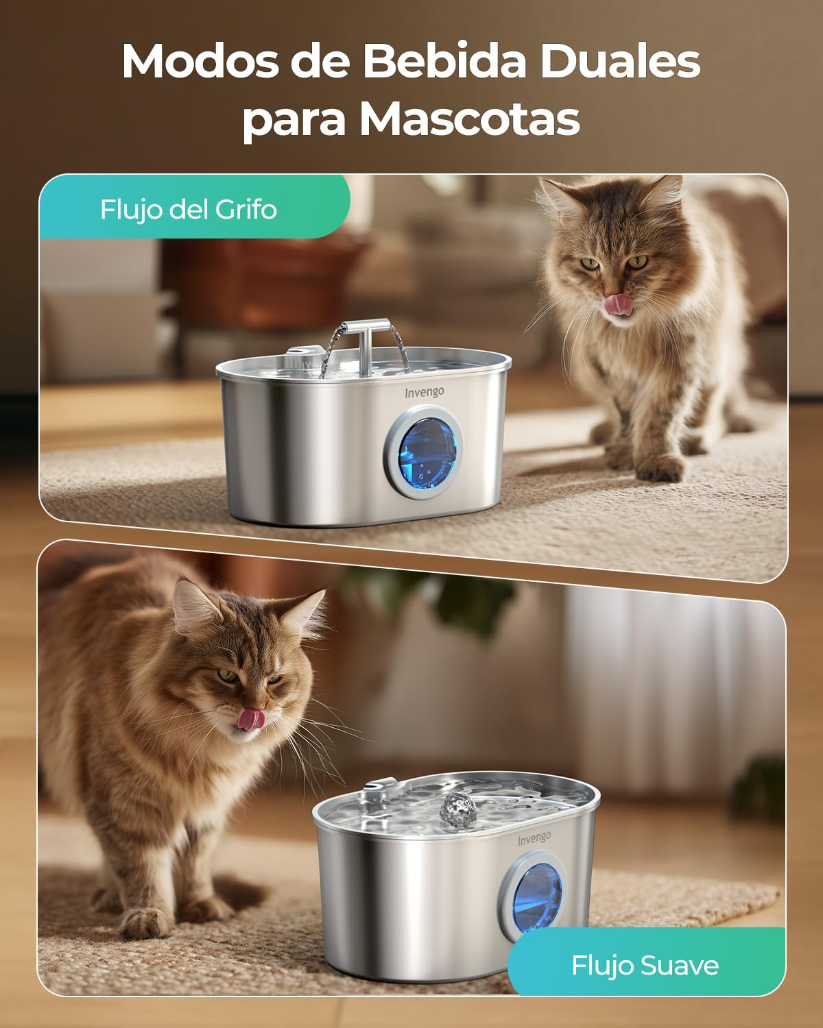 Fuente para Gatos Acero Inoxidable Invengo: Dispensador Automático de 2,2 L para Gatos y Perros, Fuente Silenciosa para Felinos con Filtro de 5 Capas, Salidas de Agua Dobles- 4 Filtros + 4 Esponjas