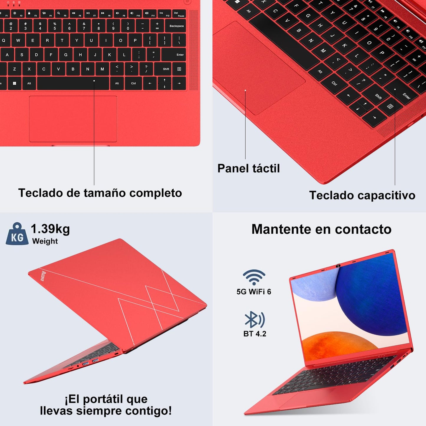 Ordenador Portátil 14 Pulgadas Celeron N5095 Upto 2,9 GHz Portatiles 8GB RAM 256GB SSD TF 1TB LPDDR4 Win11 5G WiFi 1920*1080 FHD mini HDMl Laptop Película Protectora Español - Rojo Cuerpo Metálico59