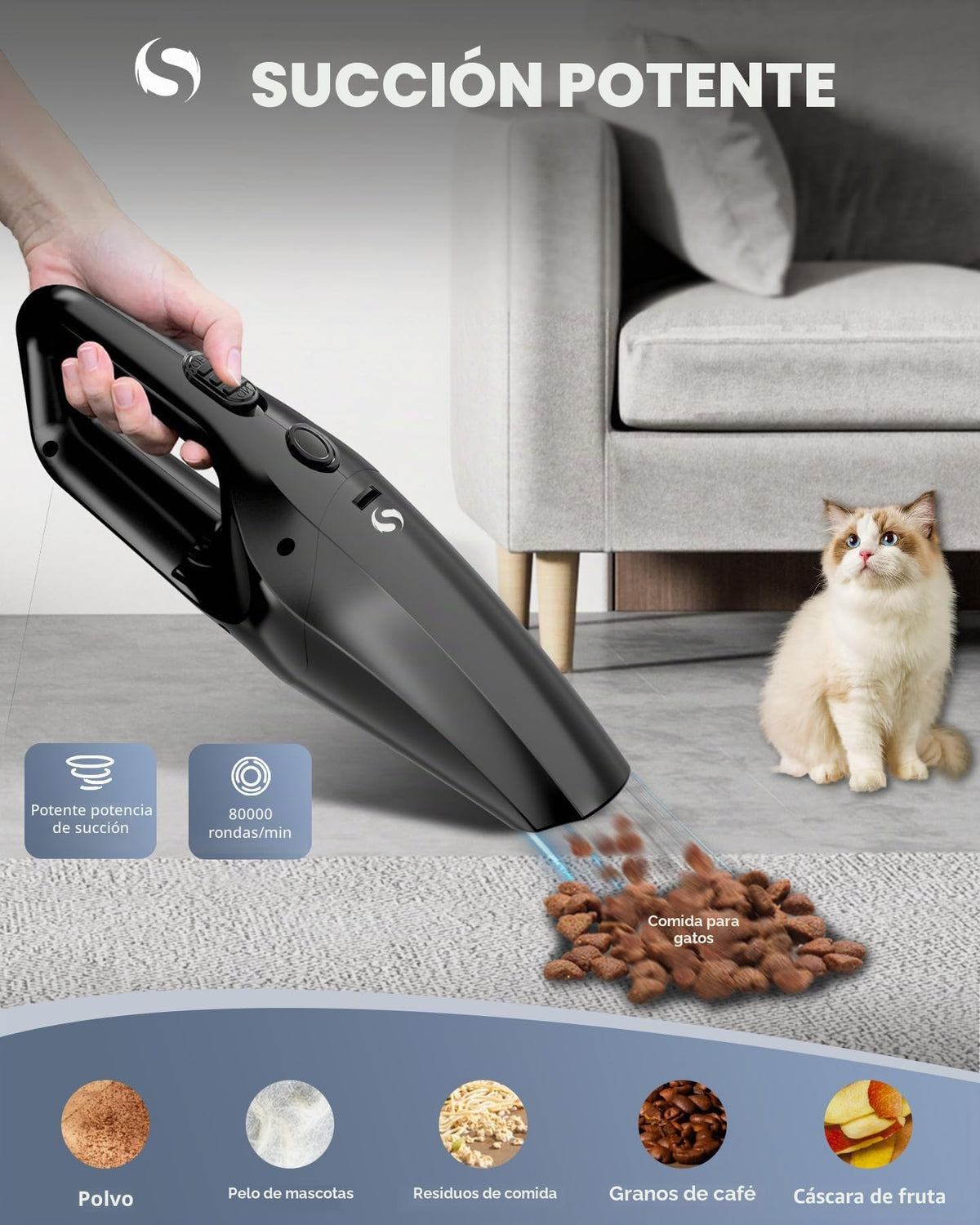 SERVOMASTER Aspirador de Mano, Aspirador Coche Potente sin Cable