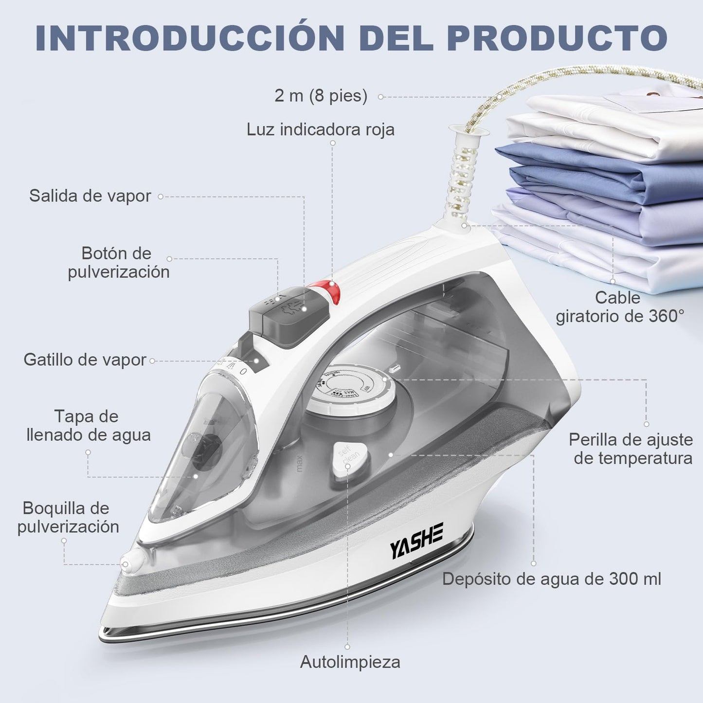 Plancha Vapor de 2300 W con Suela Antiadherente de Calentamiento Rápido, Depósito de Agua de 300ml, Vapor Continuo 25 g/min, Golpe de Vapor 150 g/min, Autolimpieza, Antical y Antigoteo Plancha de Ropa