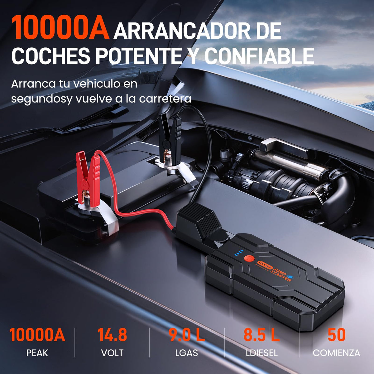Cioripa Arrancador de Baterias de Coche 𝟏𝟒.𝟖𝐕- 𝟏𝟎𝟎𝟎𝟎𝐀 Jump Starter para Motor 9.0L Gas o 8.5L Diesel, Power Bank Portátil con Carga Rápida QC3.0, Linterna LED y Pinzas Inteligentes