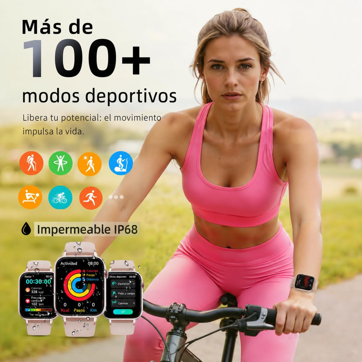 Reloj Inteligente Mujer, 1,91" HD, 100+ esferas, Llamadas Bluetooth, IP68