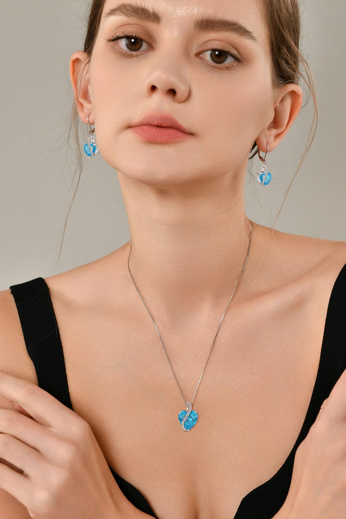 YL Collar de Corazón plata de ley 925 con colgante aguamarina de piedra natal de marzo para mujer