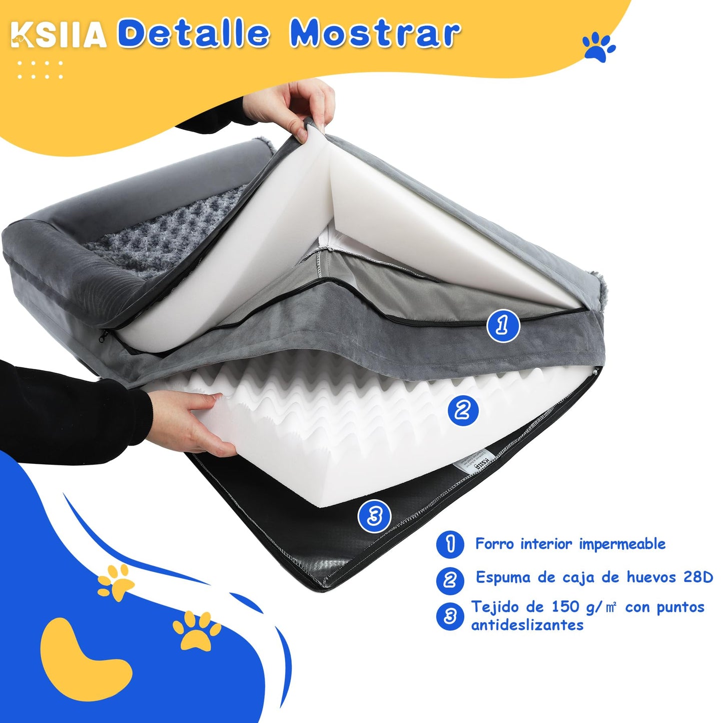 KSIIA Cama Perro Grande, Cama Ortopédica para Perros (90x57x16cm) Desenfundable y Lavable, Sofá para Perros, Gris, L