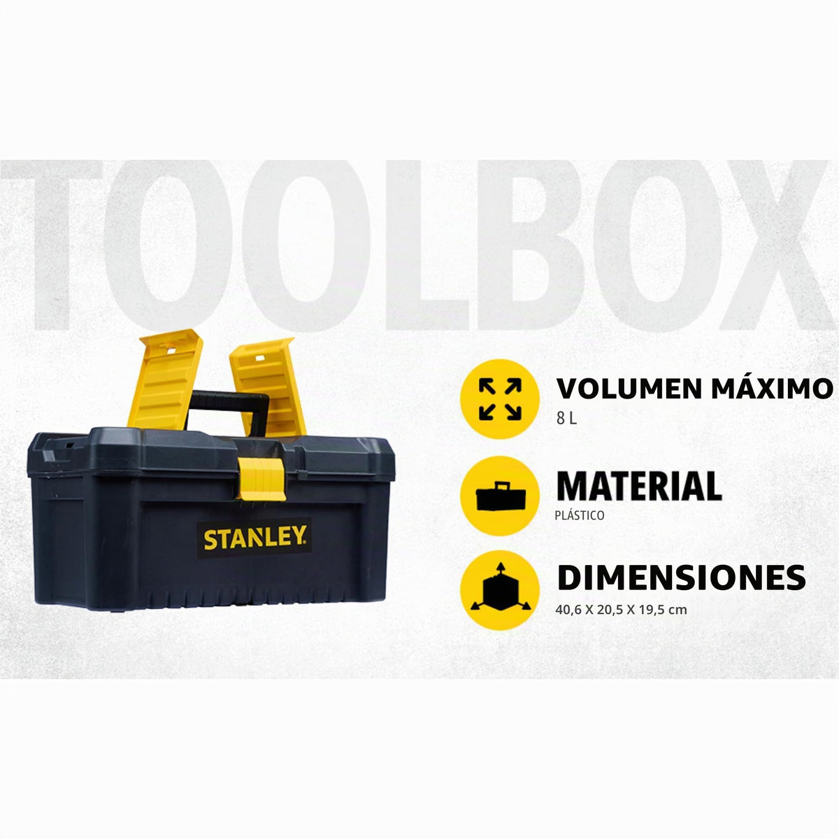 STANLEY Caja de herramientas de plástico con cierre de plástico, 40,6 x 20,5 x 19,5 cm, asa ergonómica, organizadores en la tapa, bandeja interior extraíble, orificio para candado, STST1-75517