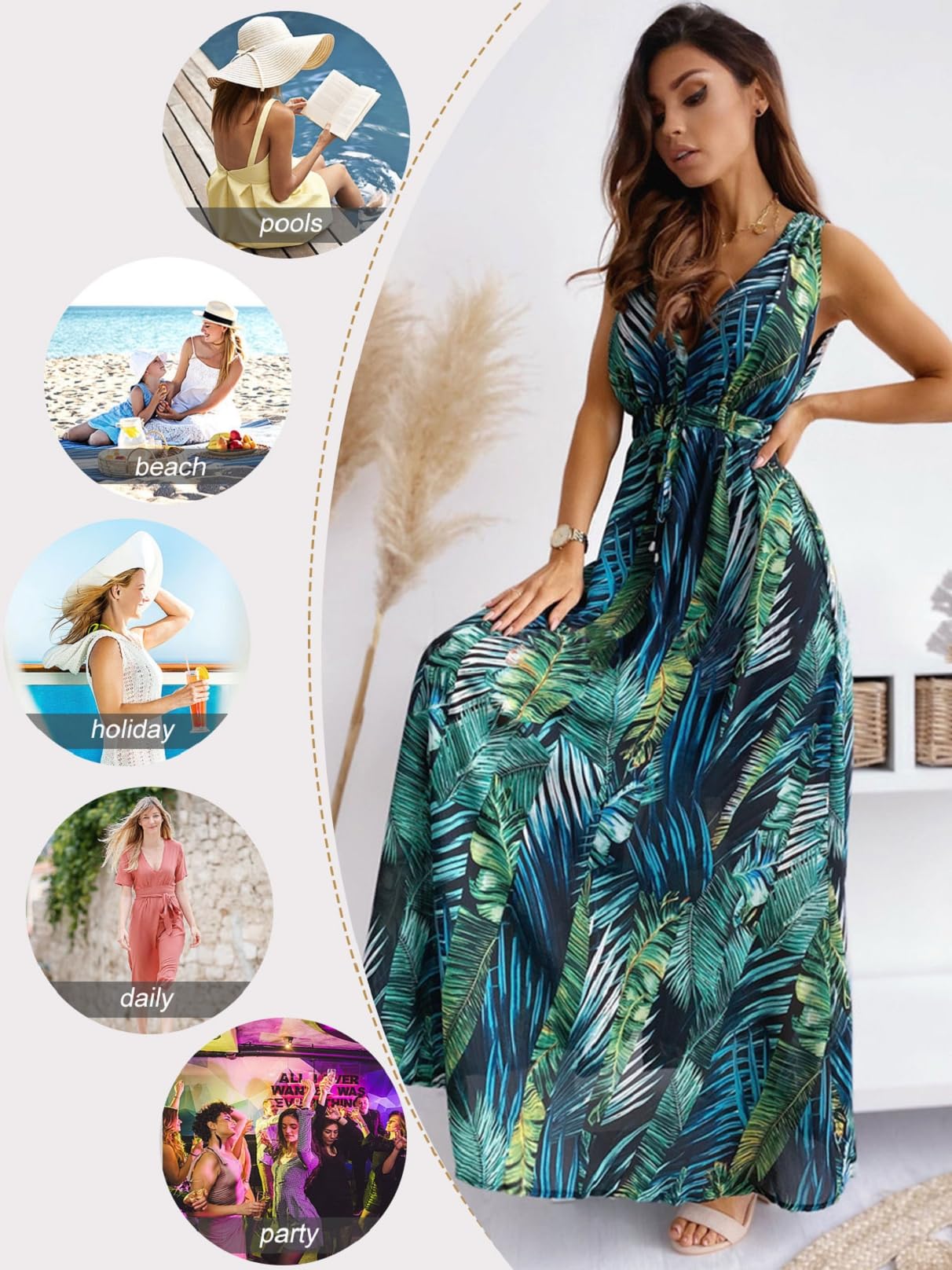 CheChury Vestido Largos Verano Mujer Elegante Vestidos Casual Mujer Bohemio Vestido con Estampado Floral Sin Manga Vestido Maxi Cuello en V Vestidos Florales Vintage Larga Vestido de Playa Vacaciones